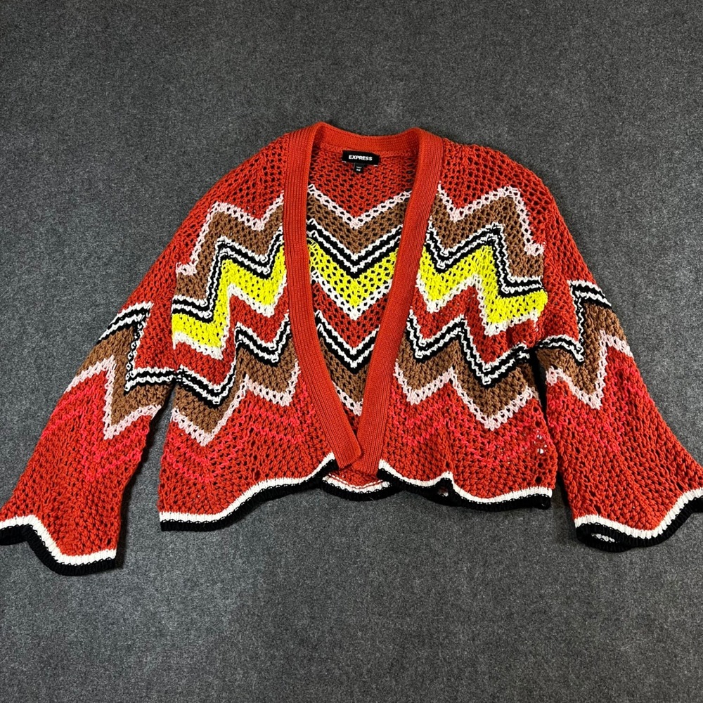 Express Women Orange Chevron Zigzag Open Knit Crochet Cardigan Sweater SM